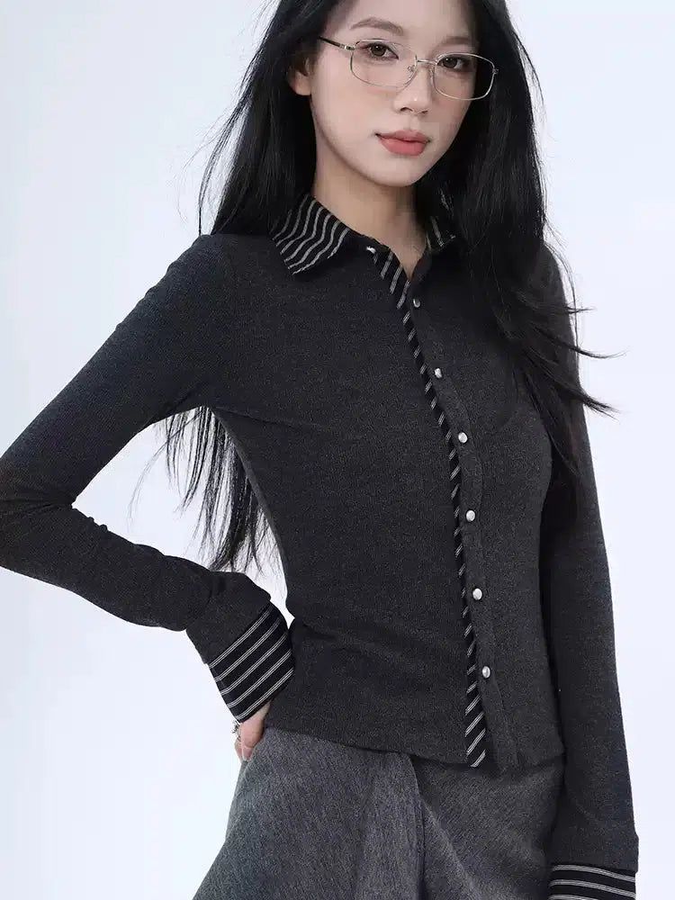 Lazy Spliced Striped Buttoned Blouse