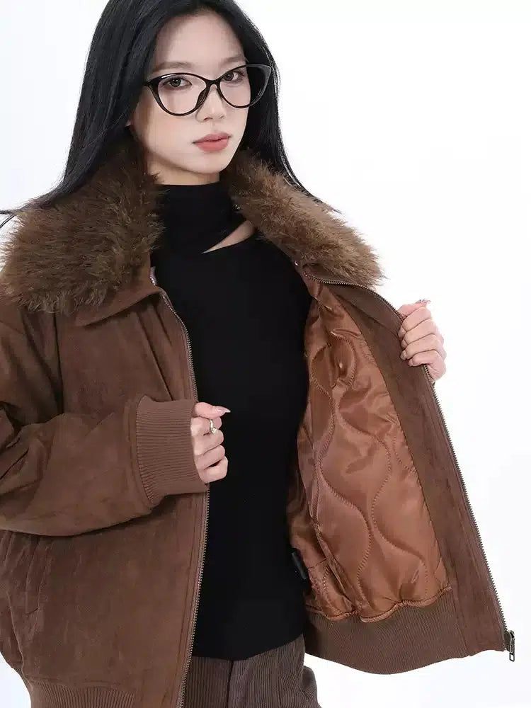 Lazy Detachable Faux Fur Collar PU Leather Jacket