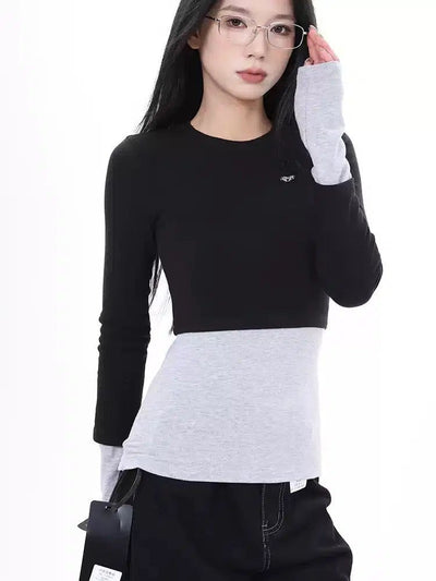 Lazy Contrast Layered Long Sleeve T-Shirt