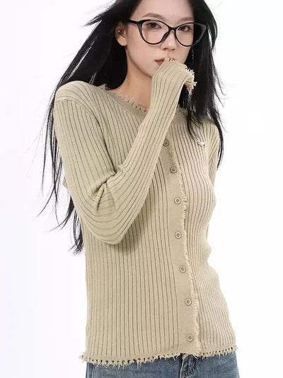 Lazy Distressed Outline Ribbed Knit Cardigan