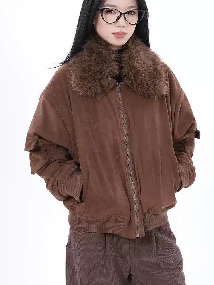 Lazy Detachable Faux Fur Collar PU Leather Jacket