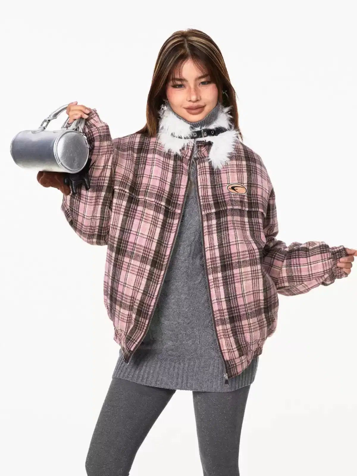 BB Faux Fur Collar Plaid Jacket