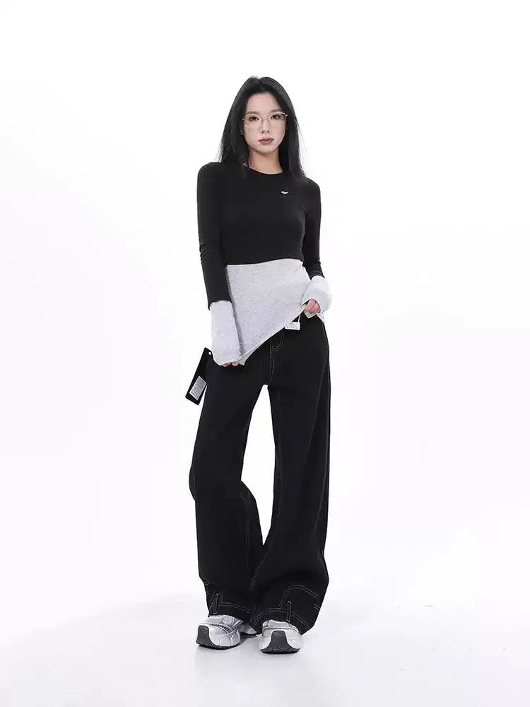 Lazy Contrast Layered Long Sleeve T-Shirt