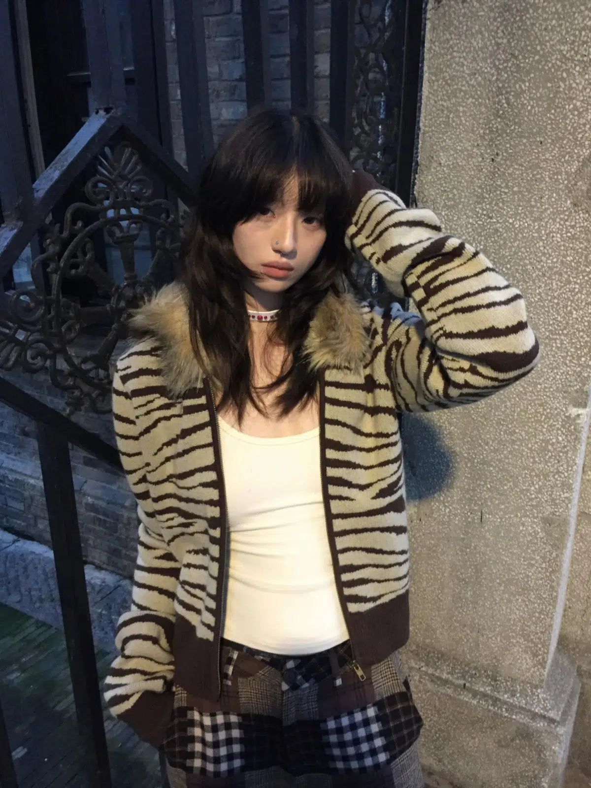 Mina Zebra Pattern Fur Trim Hood Sweater