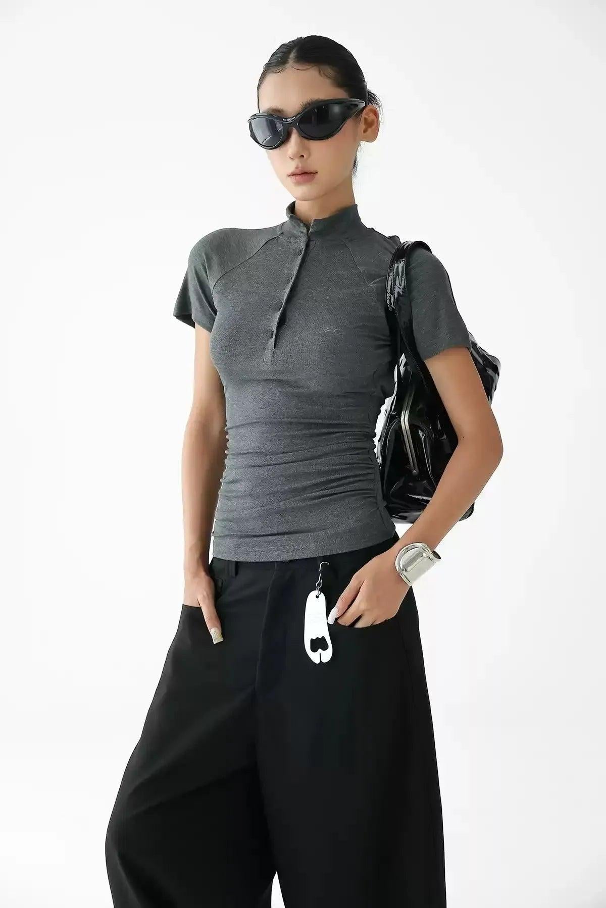 Ace Backless Mockneck Half-Buttoned T-Shirt-korean-fashion-T-Shirt-Ace's Closet-OH Garments
