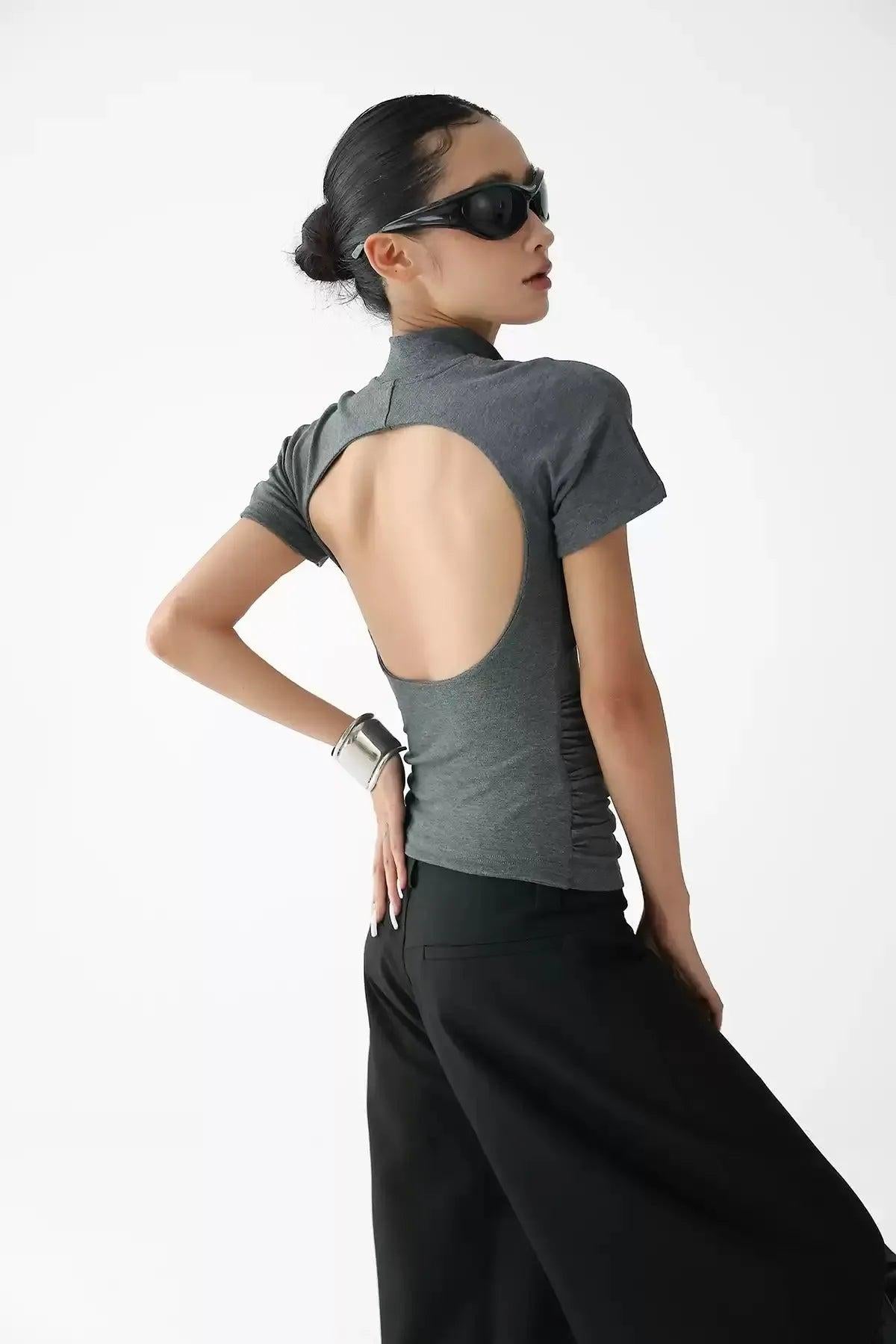 Ace Backless Mockneck Half-Buttoned T-Shirt-korean-fashion-T-Shirt-Ace's Closet-OH Garments