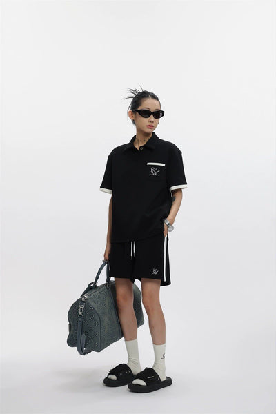 Ace Contrast Logo Embroidery Polo & Drawstring Shorts Set-korean-fashion-Clothing Set-Ace's Closet-OH Garments