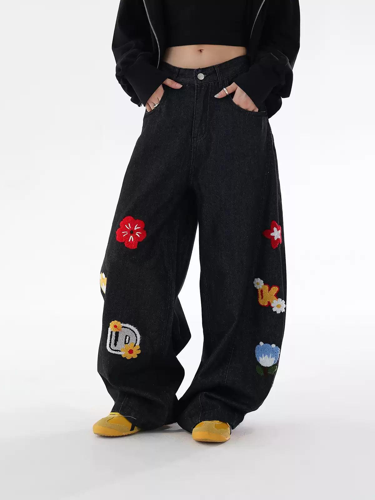 Ace Fluffy Patches Barrel Leg Jeans-korean-fashion-Jeans-Ace's Closet-OH Garments
