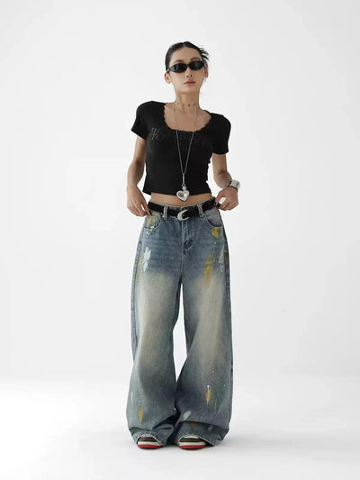 Ace Smudged Paint Contrast Jeans-korean-fashion-Jeans-Ace's Closet-OH Garments