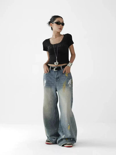 Ace Smudged Paint Contrast Jeans-korean-fashion-Jeans-Ace's Closet-OH Garments