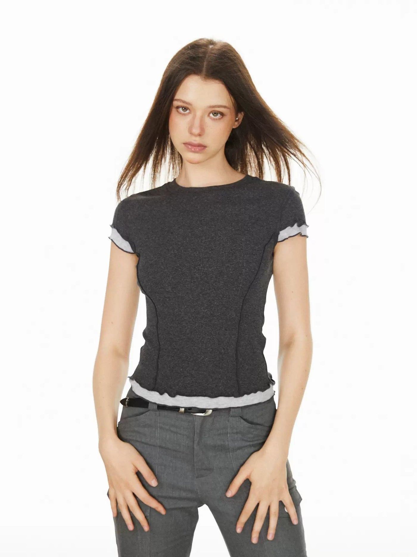 Ada Spliced Contrast Round Neck T-Shirt-korean-fashion-T-Shirt-Ada's Closet-OH Garments