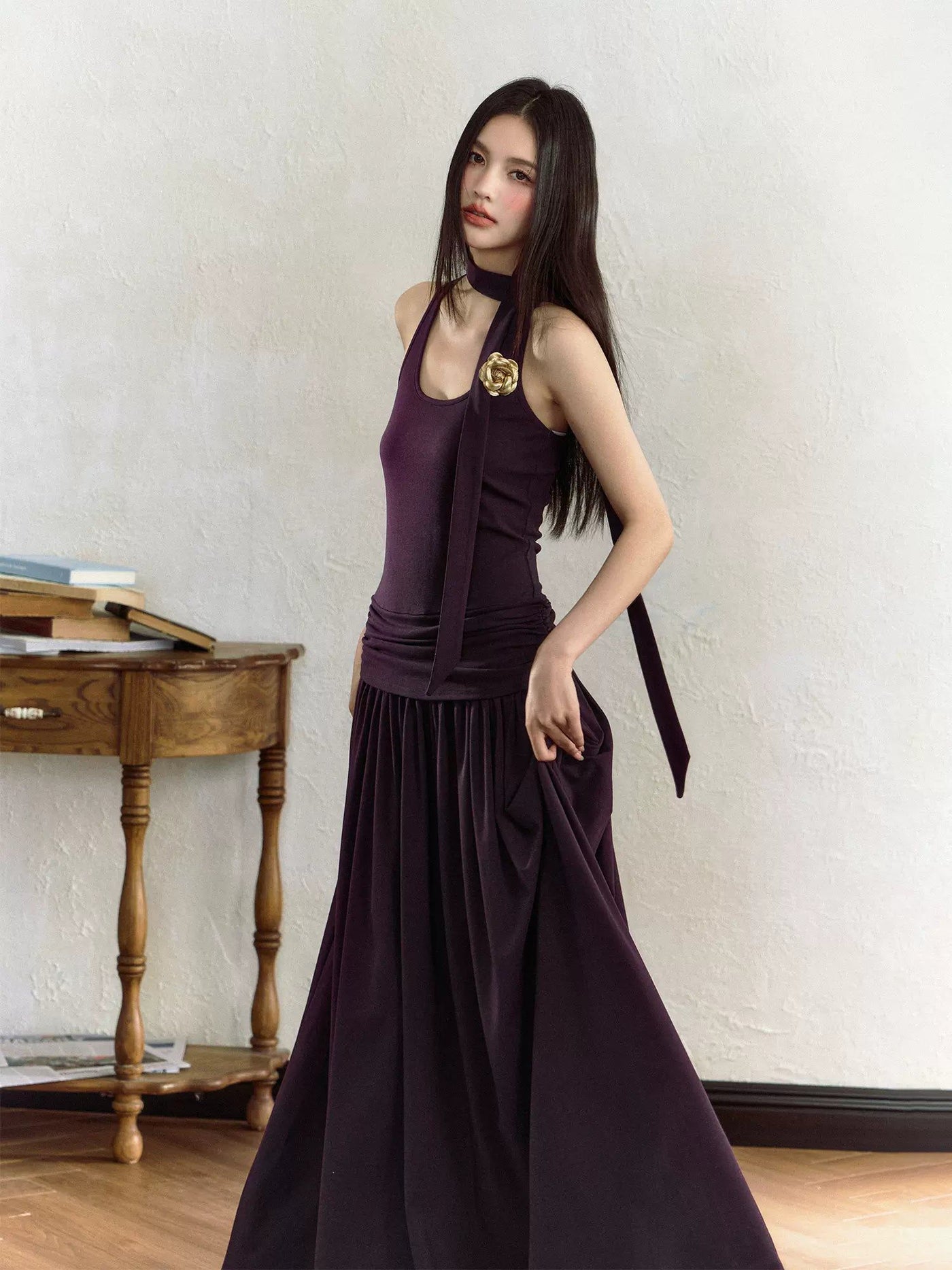 Agam Golden Rose Neck Strap Long Dress-korean-fashion-Dress-Agam's Closet-OH Garments