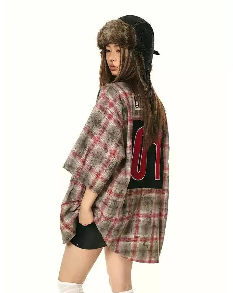 BB Back Number Detail Plaid Shirt-korean-fashion-Shirt-BB's Closet-OH Garments