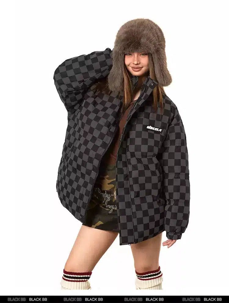 BB Checkerboard Stand Collar Puffer Jacket-korean-fashion-Jacket-BB's Closet-OH Garments