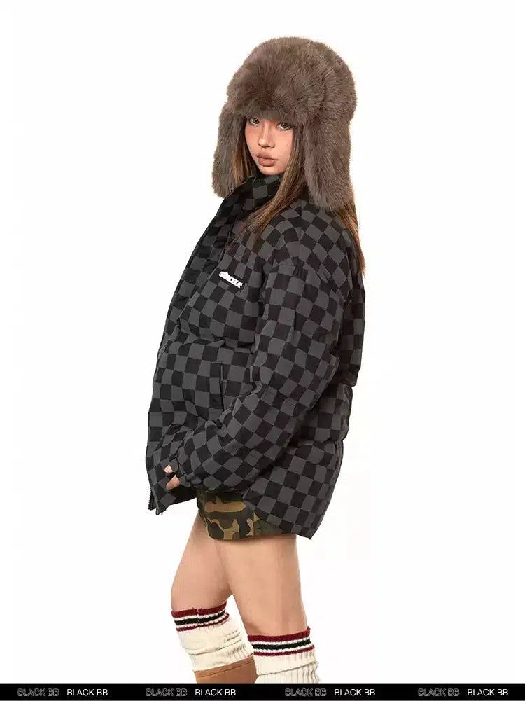 BB Checkerboard Stand Collar Puffer Jacket-korean-fashion-Jacket-BB's Closet-OH Garments