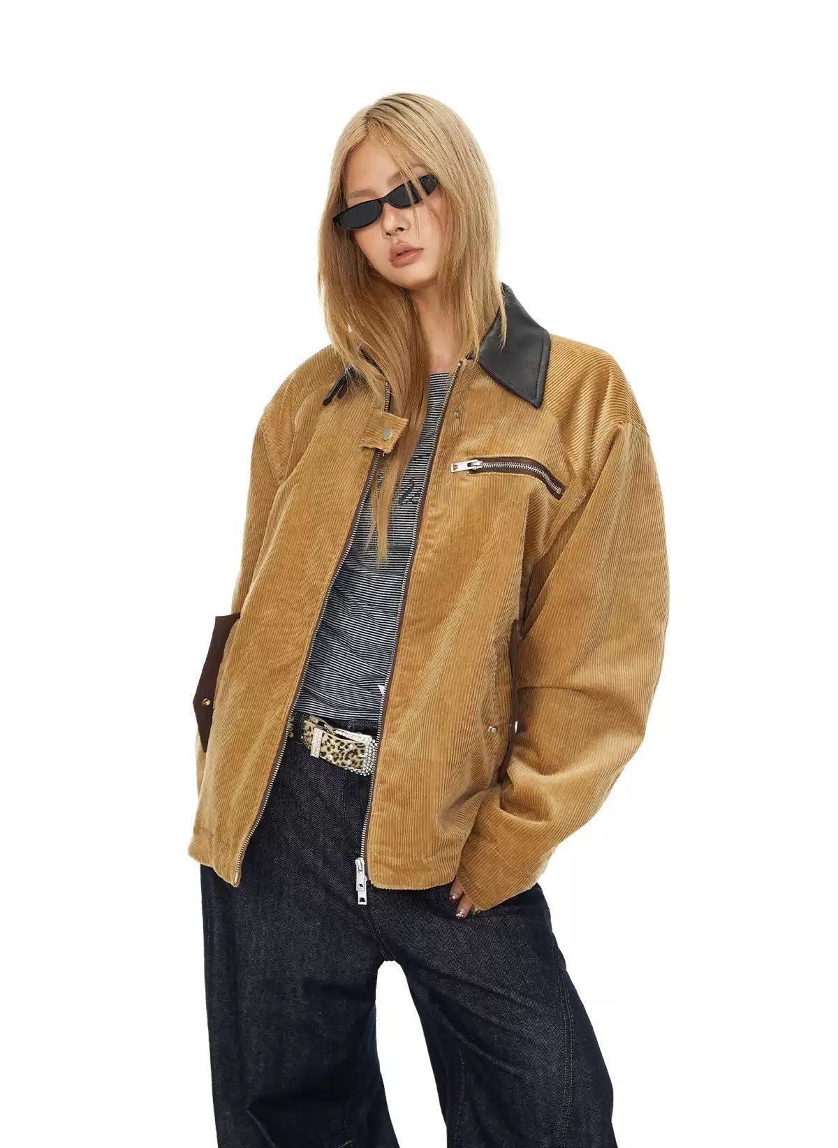 BB Contrast Collar Corduroy Zipped Jacket-korean-fashion-Jacket-BB's Closet-OH Garments