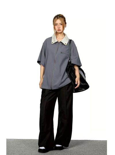 BB Contrast Leather Lapel Zipped Shirt-korean-fashion-Shirt-BB's Closet-OH Garments