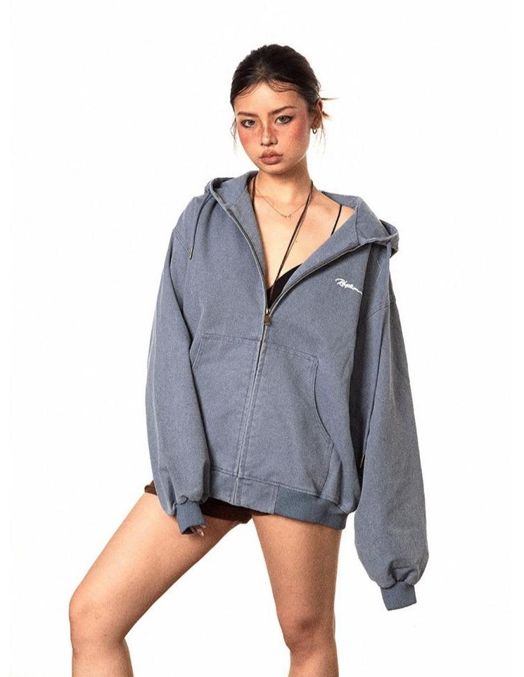 BB Embroidered Washed Zip-Up Hoodie-korean-fashion-Hoodie-BB's Closet-OH Garments