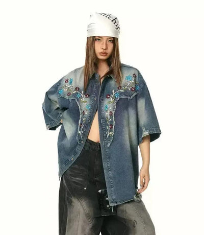 BB Faded Embroidered Flowers Denim Shirt-korean-fashion-Shirt-BB's Closet-OH Garments