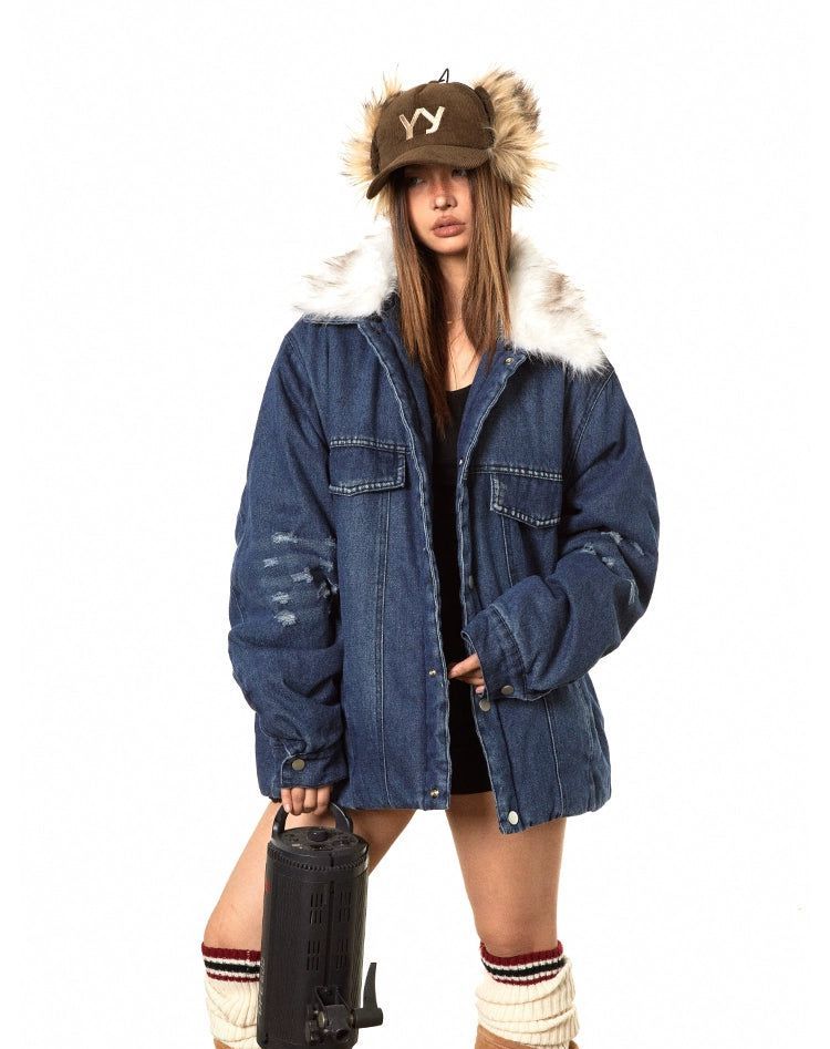 BB Faux Fur Collar Denim Puffer Jacket-korean-fashion-Jacket-BB's Closet-OH Garments