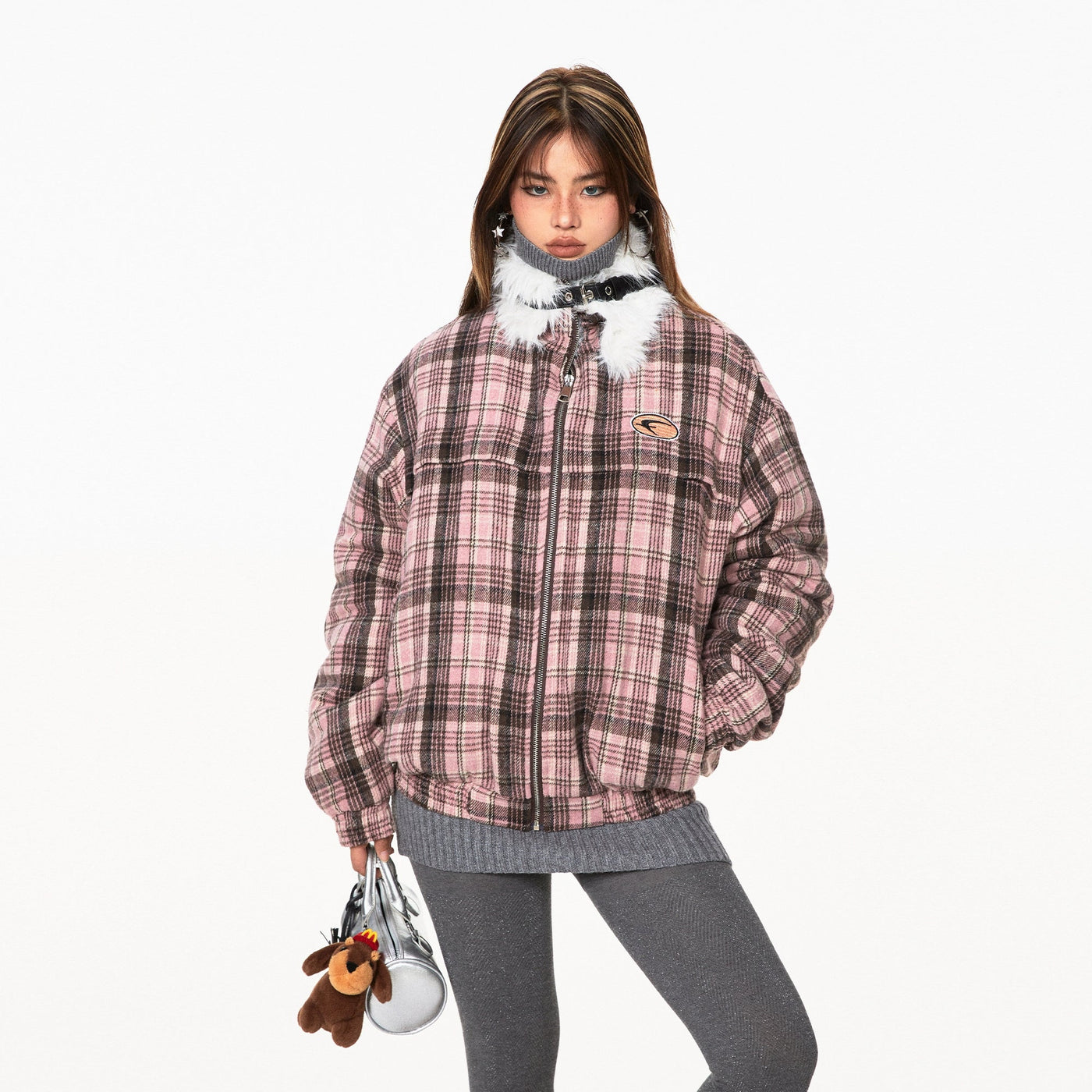 BB Faux Fur Collar Plaid Jacket-korean-fashion-Jacket-BB's Closet-OH Garments