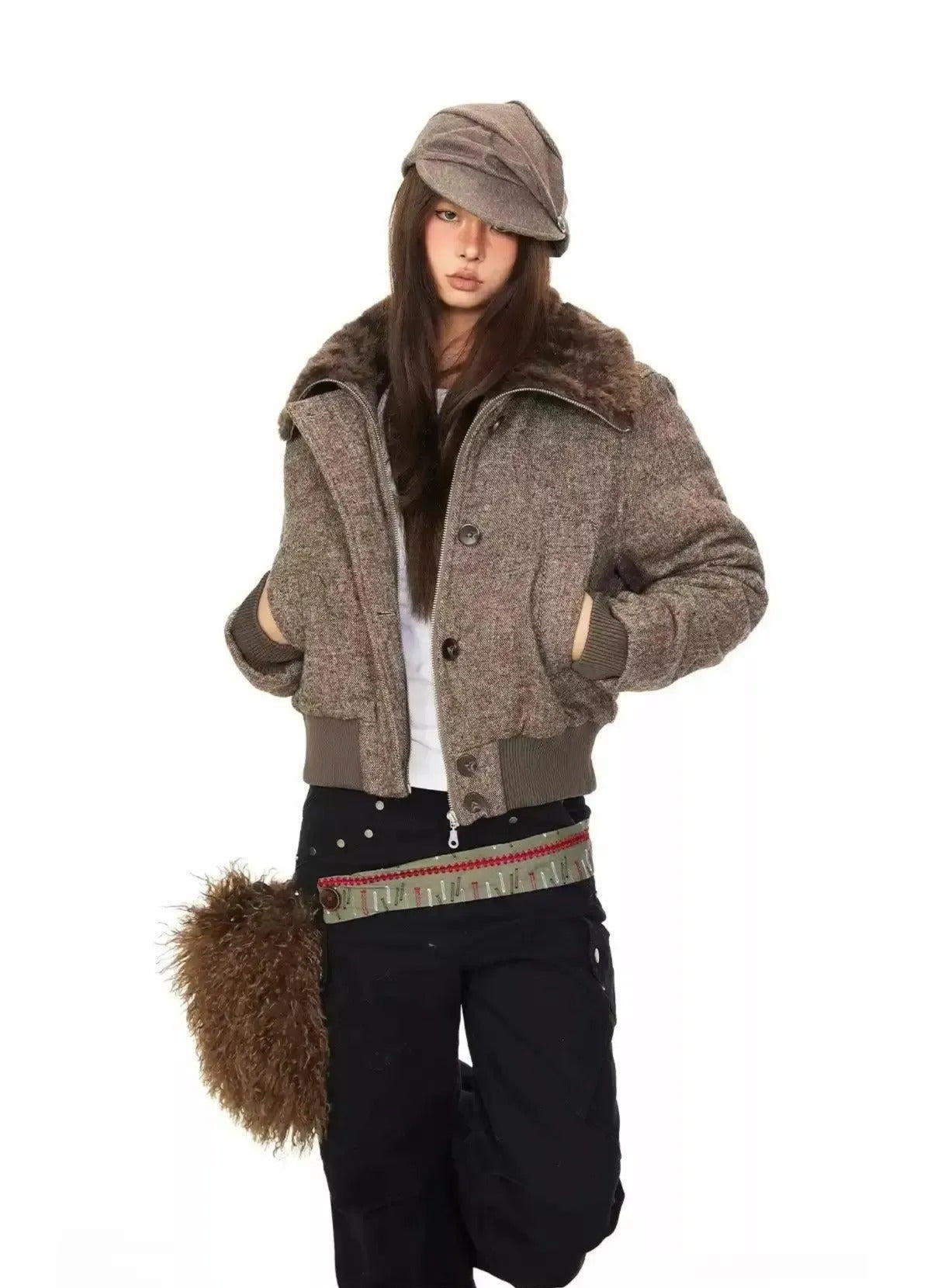 BB Fur-Lined Ribbed Hem Twill Jacket-korean-fashion-Jacket-BB's Closet-OH Garments