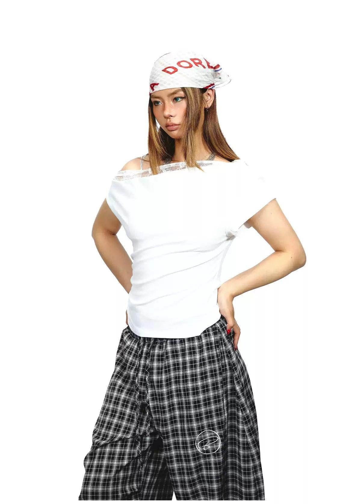 BB One Shoulder Lace Trim T-Shirt-korean-fashion-T-Shirt-BB's Closet-OH Garments