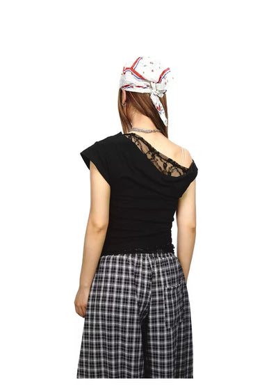BB One Shoulder Lace Trim T-Shirt-korean-fashion-T-Shirt-BB's Closet-OH Garments