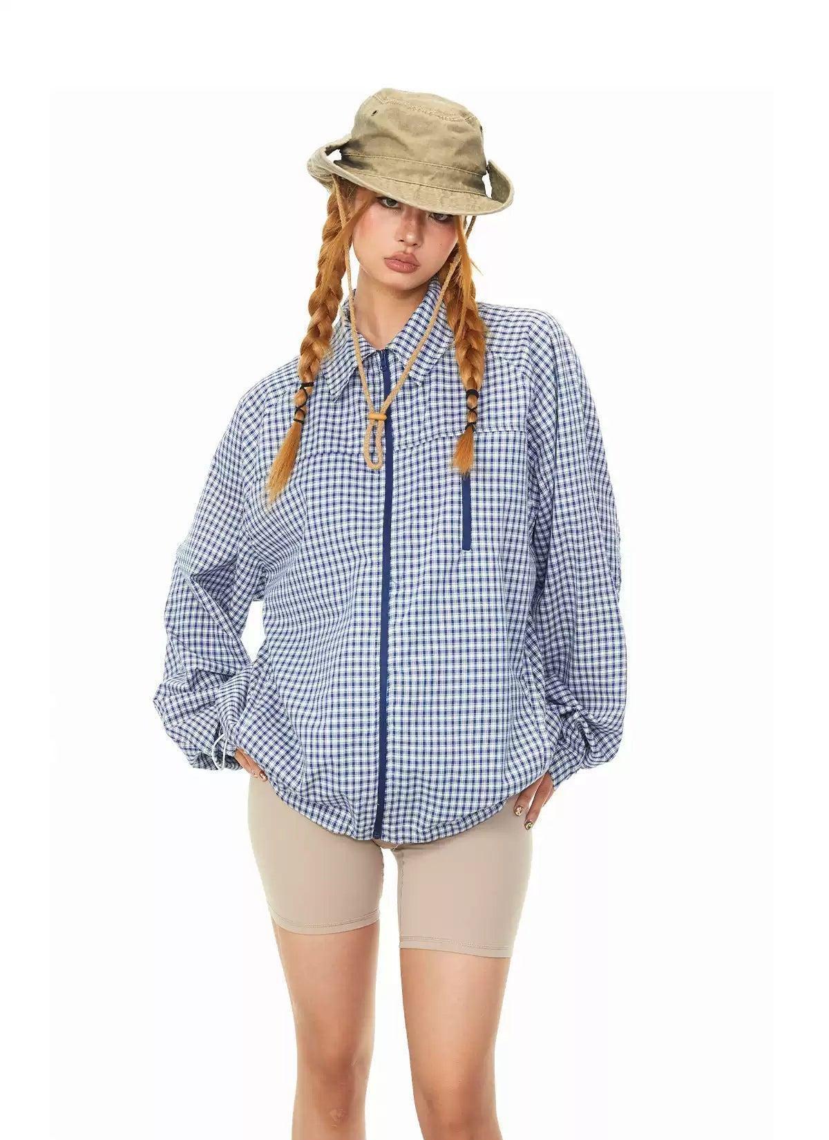 BB Plaid Collared Zipped Jacket-korean-fashion-Jacket-BB's Closet-OH Garments