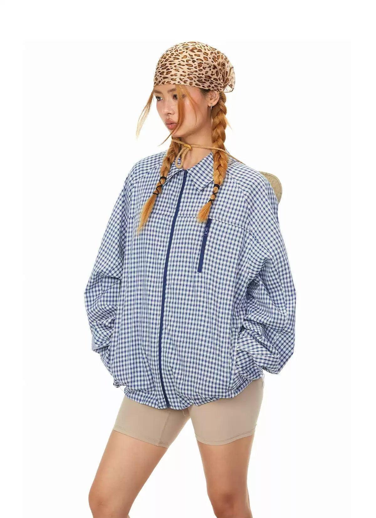 BB Plaid Collared Zipped Jacket-korean-fashion-Jacket-BB's Closet-OH Garments