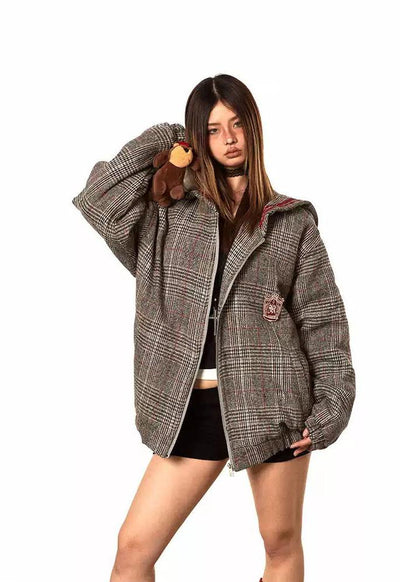 BB Plaid Zippered Hooded Jacket-korean-fashion-Jacket-BB's Closet-OH Garments