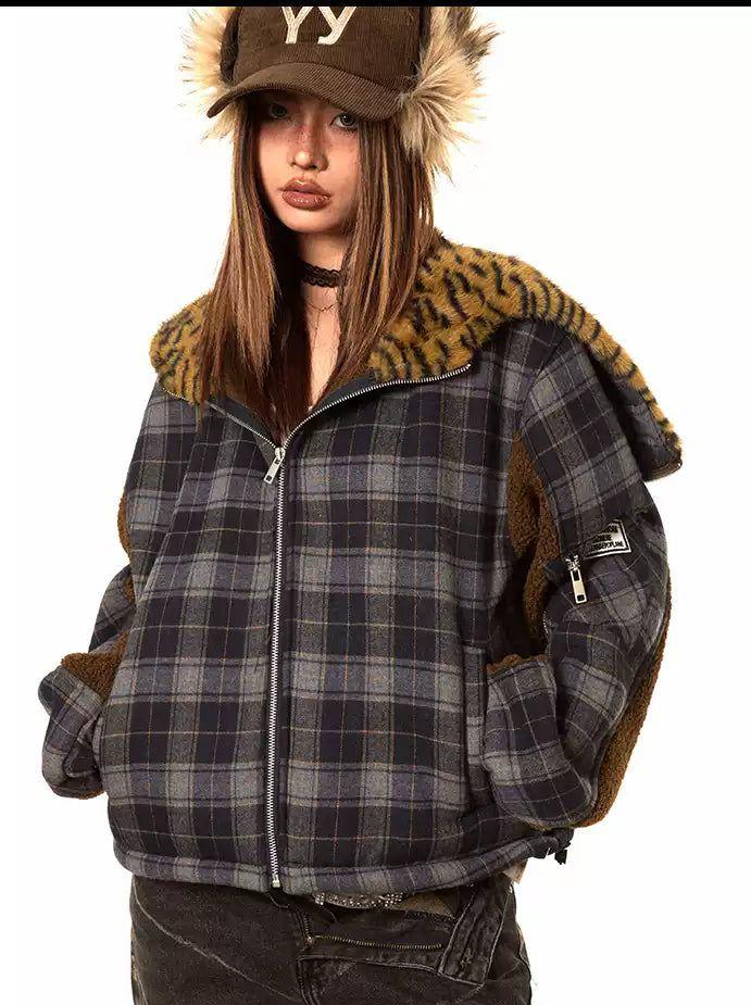 BB Spliced Fleece Hood Plaid Jacket-korean-fashion-Jacket-BB's Closet-OH Garments