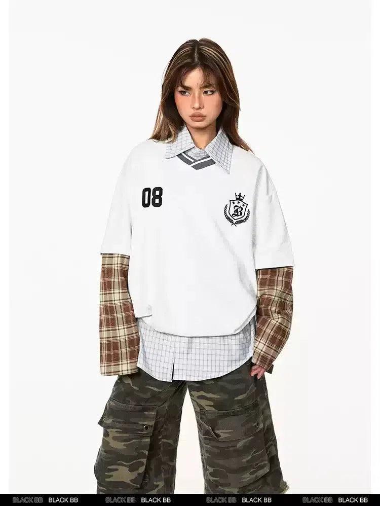 BB Spliced Plaid Jersey Style Long Sleeve T-Shirt-korean-fashion-T-Shirt-BB's Closet-OH Garments