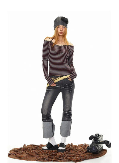 BB Striped Halter Neck Long Sleeve T-Shirt-korean-fashion-T-Shirt-BB's Closet-OH Garments