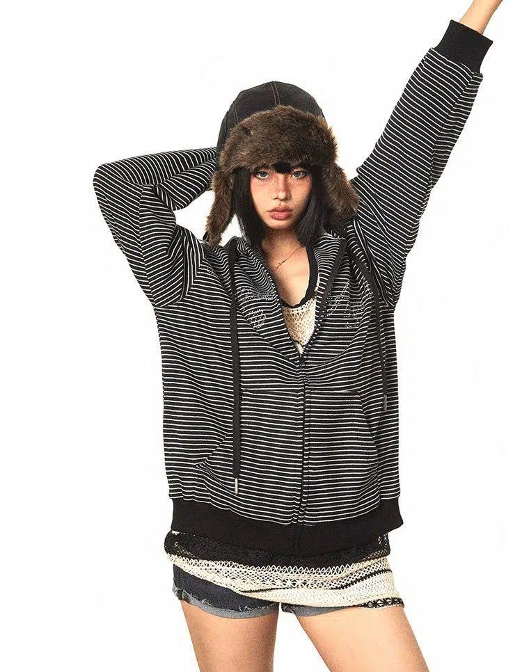 BB Striped & Rhinestoned Hooded Jacket-korean-fashion-Jacket-BB's Closet-OH Garments