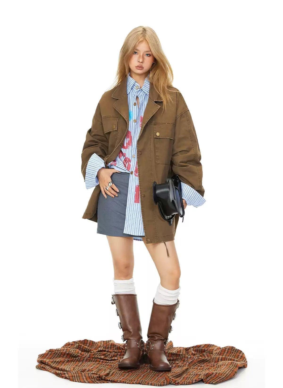 BB Wide Pockets Long Denim Jacket-korean-fashion-Jacket-BB's Closet-OH Garments