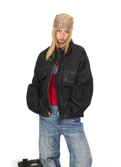 BB Wide Ruched Hem Zipped Denim Jacket-korean-fashion-Jacket-BB's Closet-OH Garments