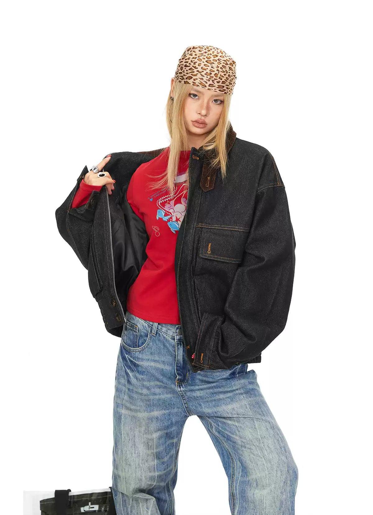 BB Wide Ruched Hem Zipped Denim Jacket-korean-fashion-Jacket-BB's Closet-OH Garments