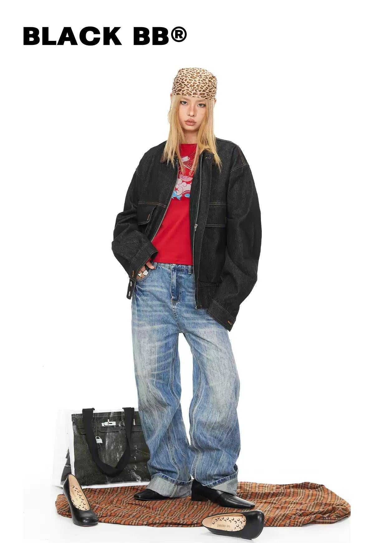 BB Wide Ruched Hem Zipped Denim Jacket-korean-fashion-Jacket-BB's Closet-OH Garments