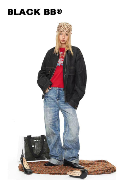 BB Wide Ruched Hem Zipped Denim Jacket-korean-fashion-Jacket-BB's Closet-OH Garments