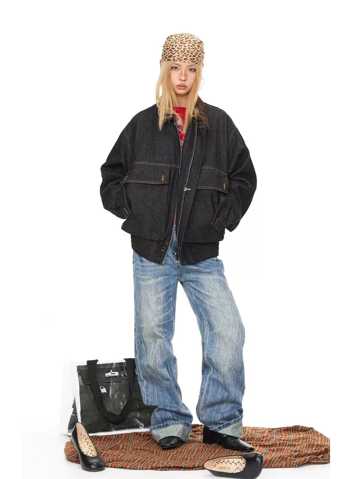 BB Wide Ruched Hem Zipped Denim Jacket-korean-fashion-Jacket-BB's Closet-OH Garments