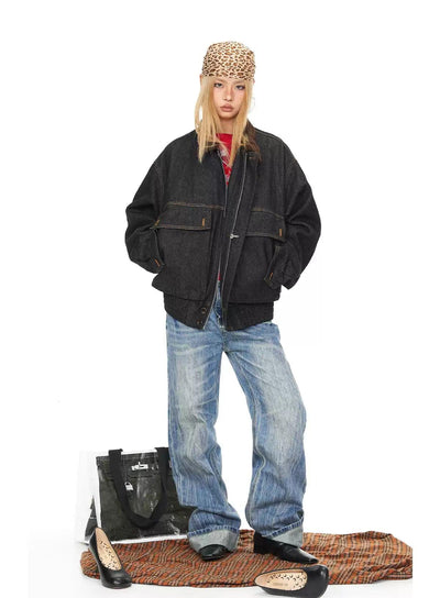 BB Wide Ruched Hem Zipped Denim Jacket-korean-fashion-Jacket-BB's Closet-OH Garments