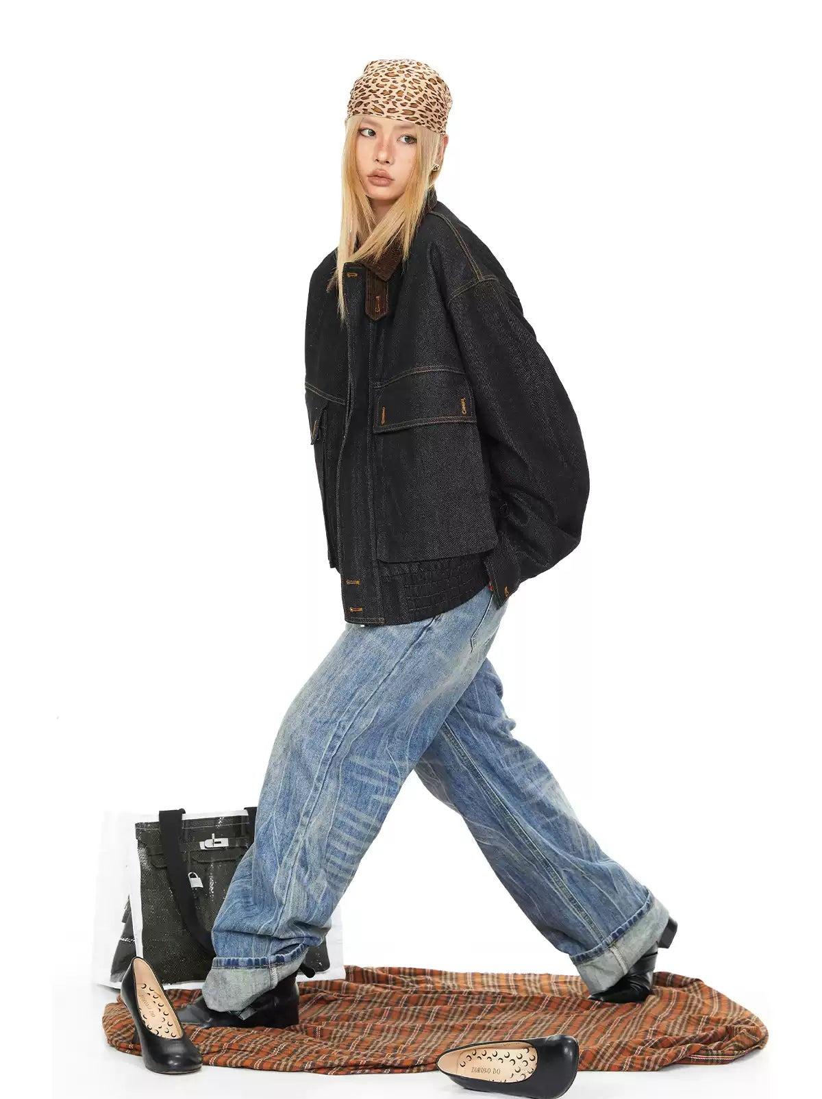 BB Wide Ruched Hem Zipped Denim Jacket-korean-fashion-Jacket-BB's Closet-OH Garments