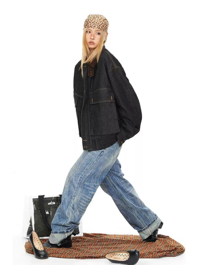 BB Wide Ruched Hem Zipped Denim Jacket-korean-fashion-Jacket-BB's Closet-OH Garments