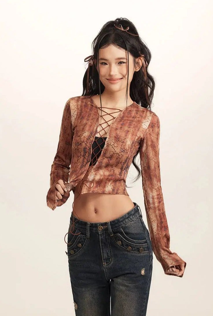 Beer Rustic Print Lace-Up Long Sleeve Blouse-korean-fashion-Blouse-Beer's Closet-OH Garments