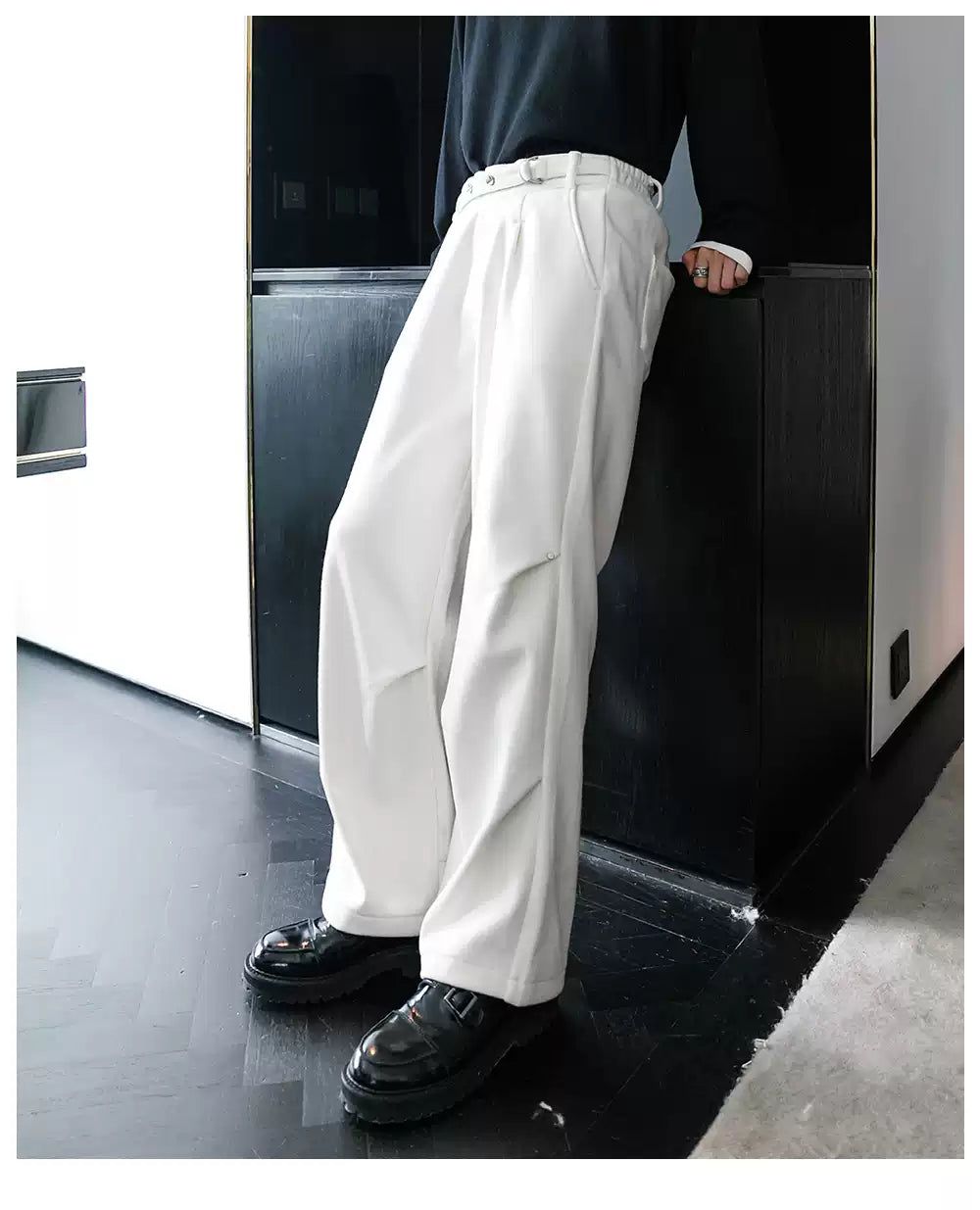 Chuan Buckled Belt Pleated Pants-korean-fashion-Pants-Chuan's Closet-OH Garments