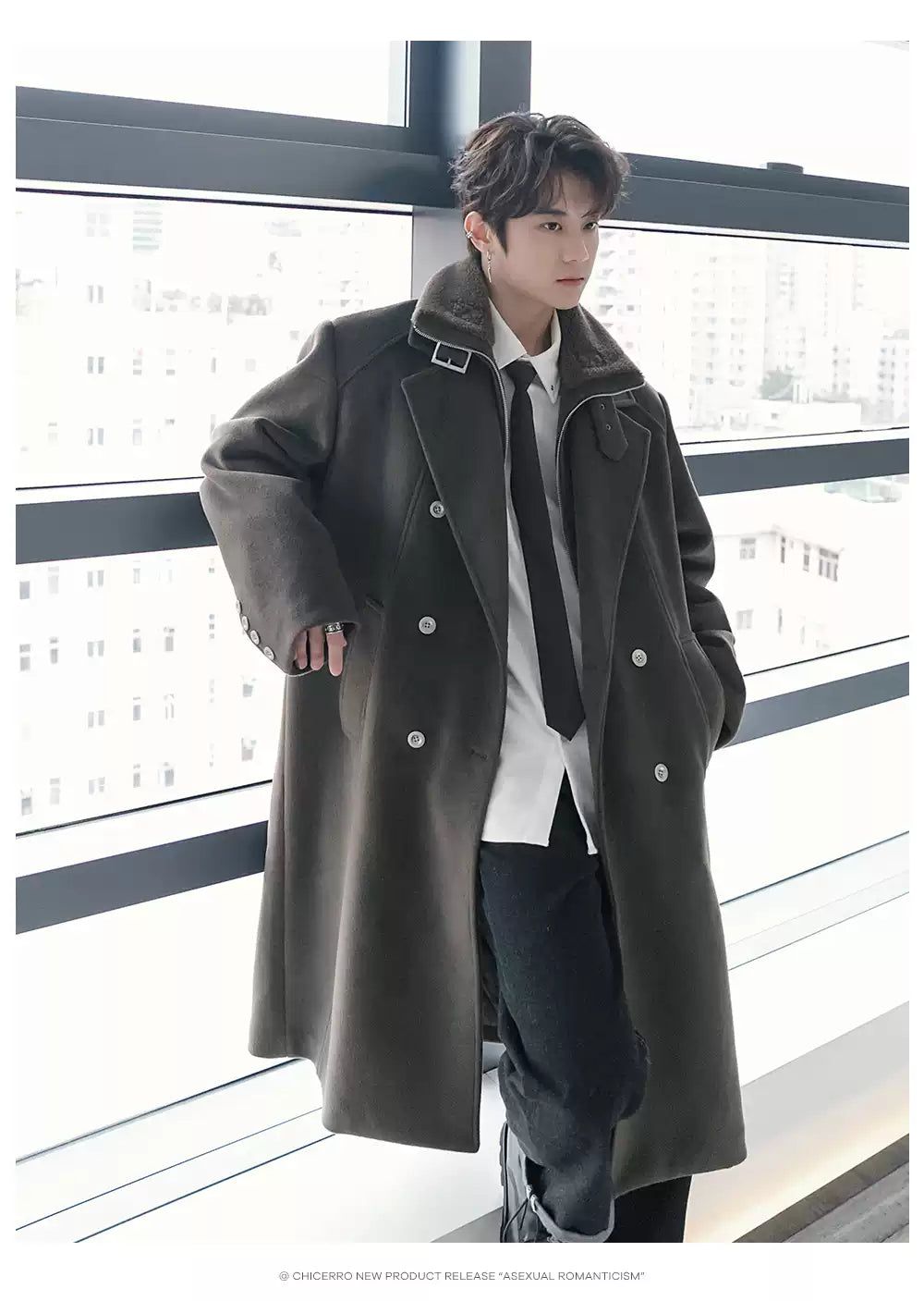 Chuan Buckled Neck Strap Double Breasted Long Coat-korean-fashion-Long Coat-Chuan's Closet-OH Garments