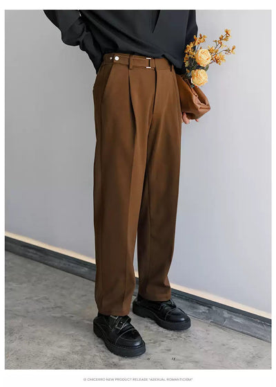 Chuan Buckled Strap Belt Straight Trousers-korean-fashion-Trousers-Chuan's Closet-OH Garments