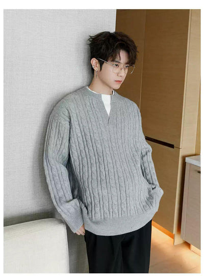 Chuan Cable Pattern Contrast V-Neck Sweater-korean-fashion-Sweater-Chuan's Closet-OH Garments