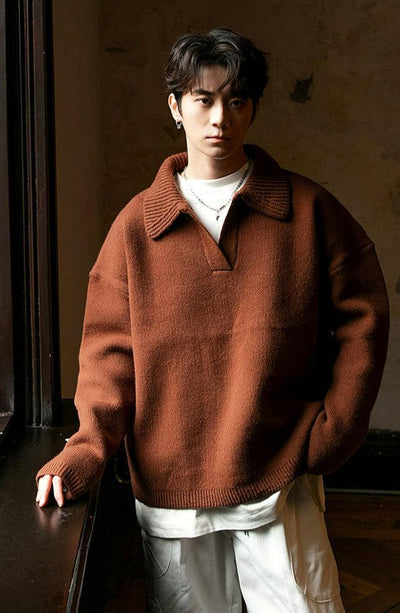 Chuan Casual Collared Ribbed Sweater-korean-fashion-Sweater-Chuan's Closet-OH Garments